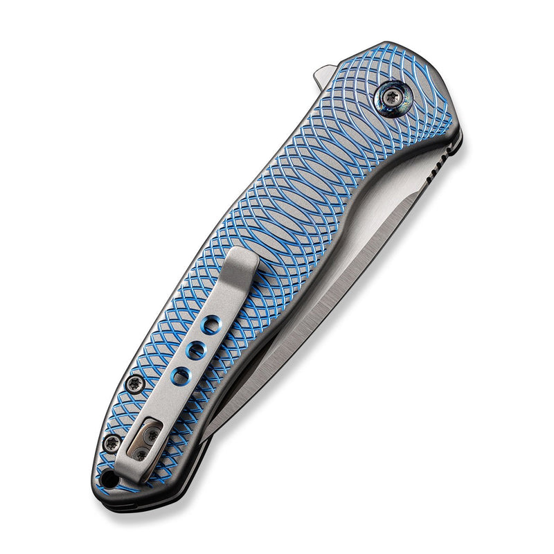 WEKNIFE Button Lock Kitefin Flipper Knife Blue Polished Ripple Patterned Gray Titanium Handle (3.22" Hand Polished Satin CPM 20CV Blade) WE19002M-3