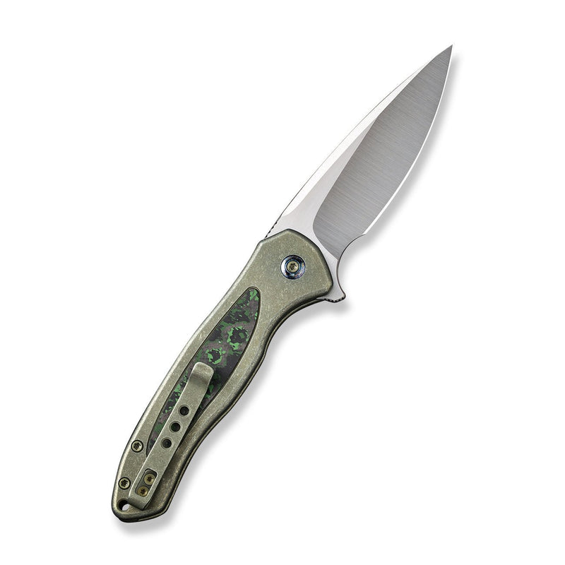 WEKNIFE Button Lock Kitefin Flipper Knife Green Titanium Handle With Jungle Wear Fat Carbon Fiber Inlay (3.22" Hand Polished Satin CPM 20CV Blade) WE19002N-2