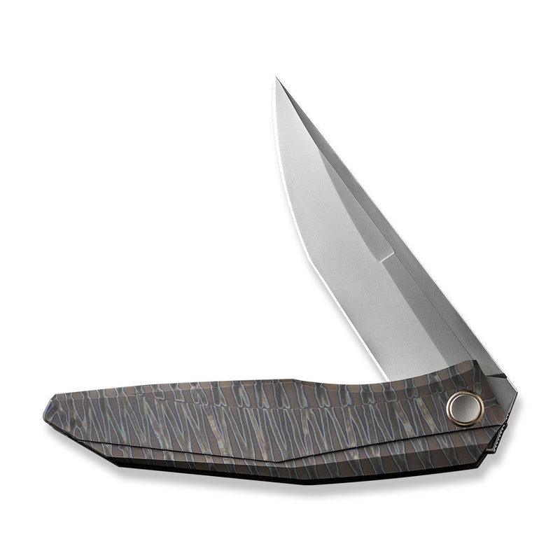WEKNIFE Cybernetic Top Flipper Knife Tiger Stripe Pattern Flamed Titanium Handle (3.91" Polished Bead Blasted CPM 20CV Blade) WE22033-3