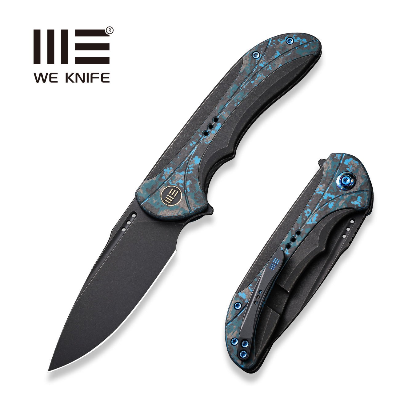 We Knife Company Equivik Nested Frame Lock Flipper Knife 3.48 CPM-20CV  Black Stonewashed Drop Point Blade, Black Titanium Handles with Arctic  Storm FatCarbon Scales - KnifeCenter - WE23020-4
