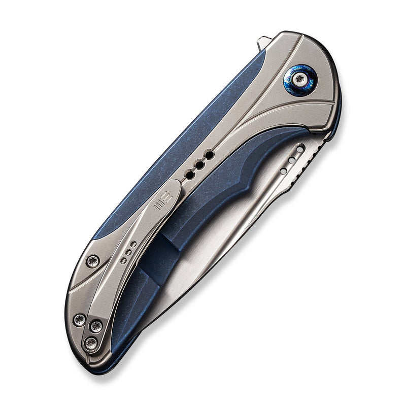 WEKNIFE Equivik Flipper Knife Blue Titanium Handle With Polished Bead Blasted Titanium Inlay (3.48" Hand Rubbed Satin CPM 20CV Blade) WE23020-3