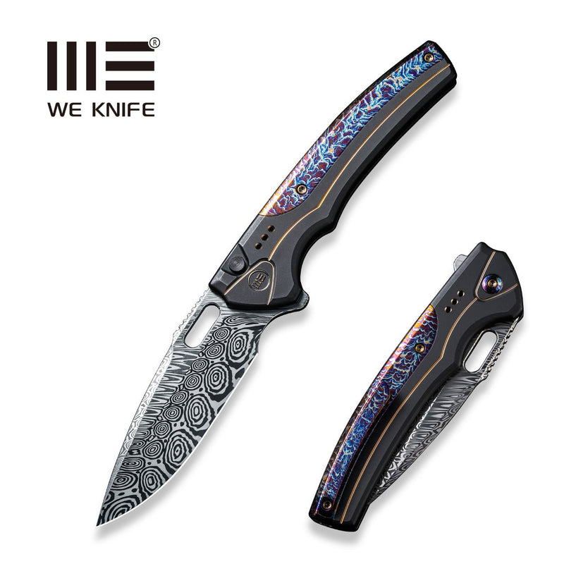 WEKNIFE Exciton Flipper & Button Lock Knife Black Titanium Handle With Flamed Titanium Integral Spacer (3.68" Heimskringla Damasteel Blade) WE22038A-DS1