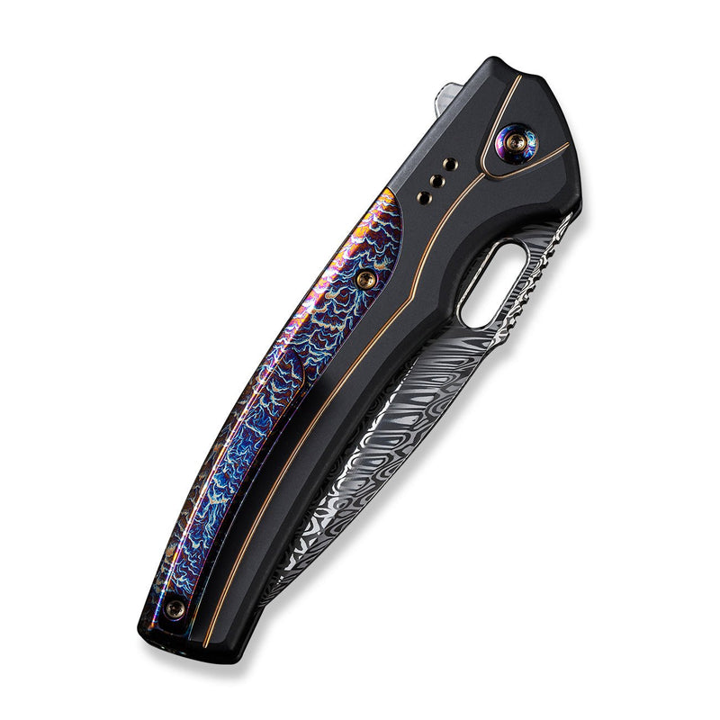 WEKNIFE Exciton Flipper & Button Lock Knife Black Titanium Handle With Flamed Titanium Integral Spacer (3.68" Heimskringla Damasteel Blade) WE22038A-DS1