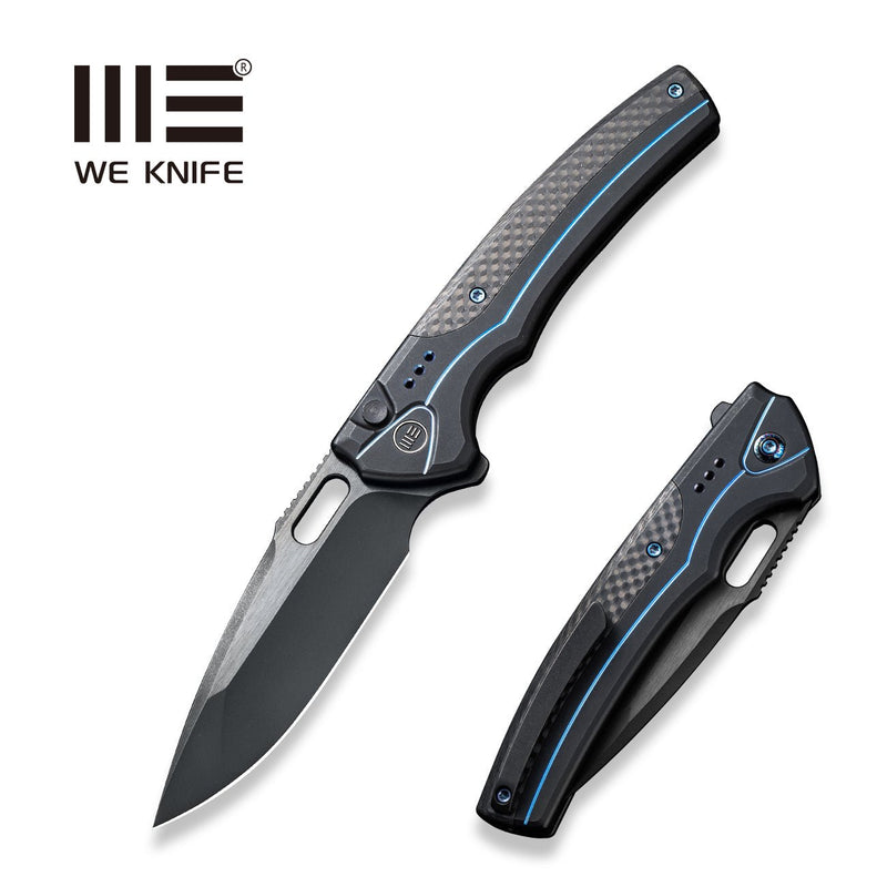 WEKNIFE Exciton Flipper & Button Lock Knife Black Titanium Handle With Twill Carbon Fiber Integral Spacer (3.68" Black Stonewashed Bevels, Black Brushed Flats CPM 20CV Blade) WE22038A-2
