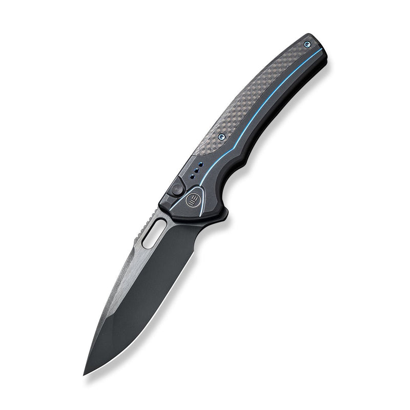 WEKNIFE Exciton Flipper & Button Lock Knife Black Titanium Handle With Twill Carbon Fiber Integral Spacer (3.68" Black Stonewashed Bevels, Black Brushed Flats CPM 20CV Blade) WE22038A-2