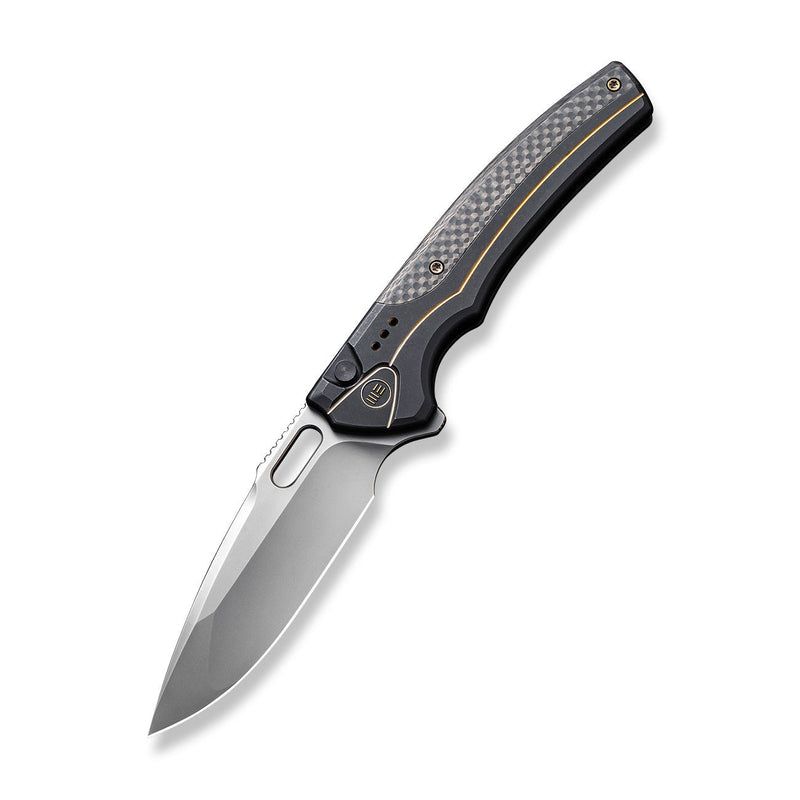 WEKNIFE Exciton Flipper & Button Lock Knife Black Titanium Handle With Twill Carbon Fiber Integral Spacer (3.68" Silver Bead Blasted CPM 20CV Blade) WE22038A-1