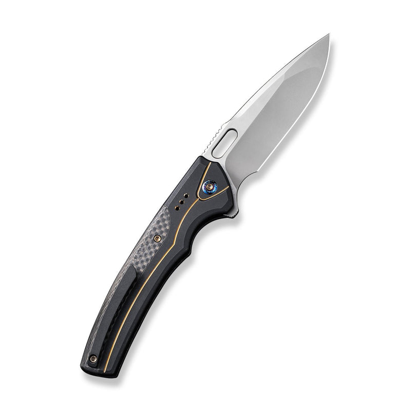 WEKNIFE Exciton Flipper & Button Lock Knife Black Titanium Handle With Twill Carbon Fiber Integral Spacer (3.68" Silver Bead Blasted CPM 20CV Blade) WE22038A-1