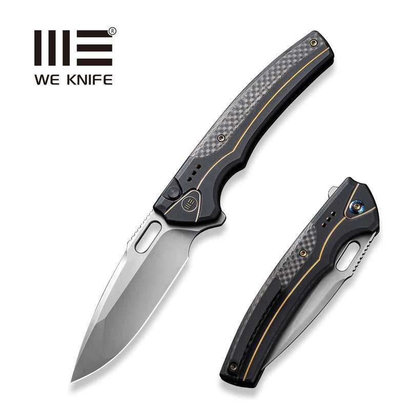 WEKNIFE Exciton Flipper & Button Lock Knife Black Titanium Handle With Twill Carbon Fiber Integral Spacer (3.68" Silver Bead Blasted CPM 20CV Blade) WE22038A-1