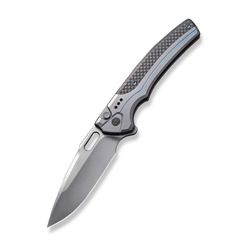 WEKNIFE Exciton Flipper & Button Lock Knife Gray Titanium Handle With Twill Carbon Fiber Integral Spacer (3.68" Silver Bead Blasted CPM 20CV Blade) WE22038A-3