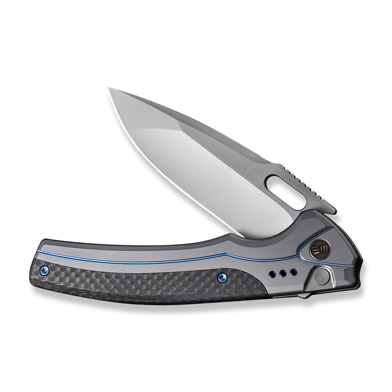 WEKNIFE Exciton Flipper & Button Lock Knife Gray Titanium Handle With Twill Carbon Fiber Integral Spacer (3.68" Silver Bead Blasted CPM 20CV Blade) WE22038A-3