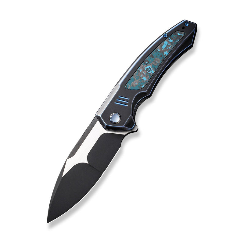 WEKNIFE Hyperactive Flipper Knife Blue / Black Titanium Handle With Arctic Storm Fat Carbon Fiber Inlay (3.8" Black Stonewashed Vanax Blade, Satin Flat) WE23030-3