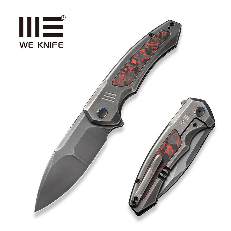 WEKNIFE Hyperactive Flipper Knife Polished Gray Orange Peel Textured Titanium Handle With Lava Flow Fat Carbon Fiber Inlay (3.8" Polished Gray Vanax Blade) WE23030-2