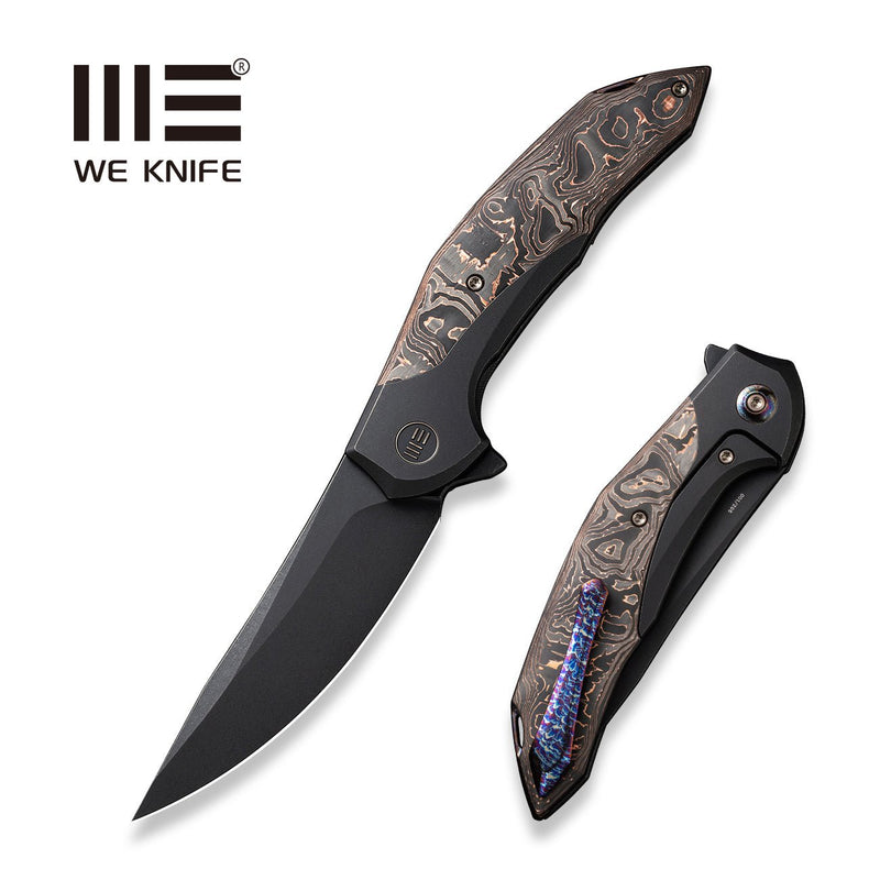 WEKNIFE Merata Flipper Knife Black Titanium Handle With Copper Foil Carbon Fiber Inlay (3.68" Black Stonewashed CPM 20CV Blade) WE22008B-1