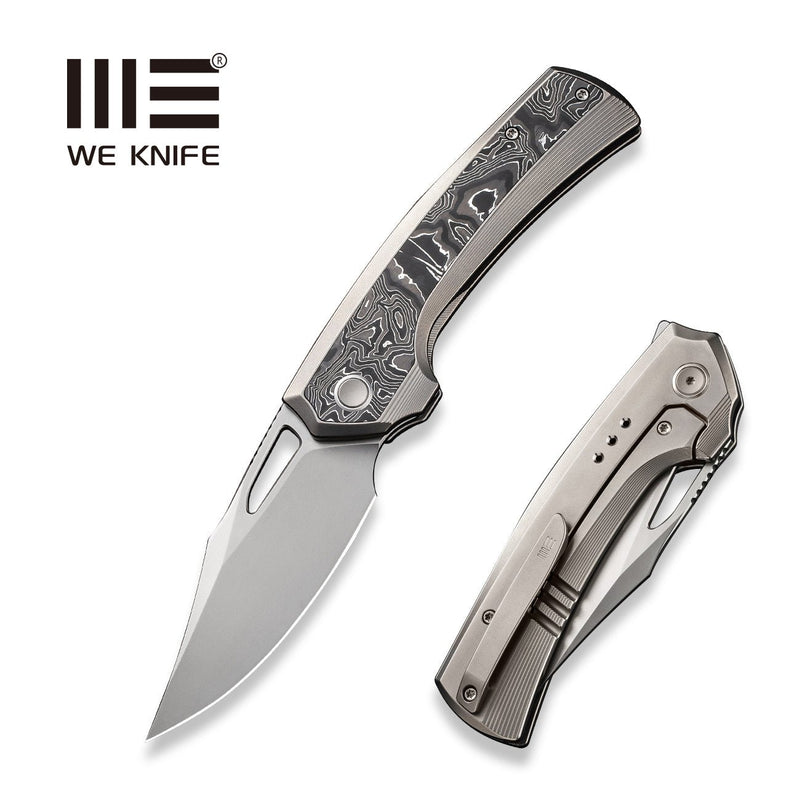 WEKNIFE Nefaris Button Lock Knife Polished Bead Blasted Titanium Handle With Aluminum Foil Carbon Fiber Inlay (3.48" Polished Bead Blasted CPM 20CV Blade) WE22040F-2