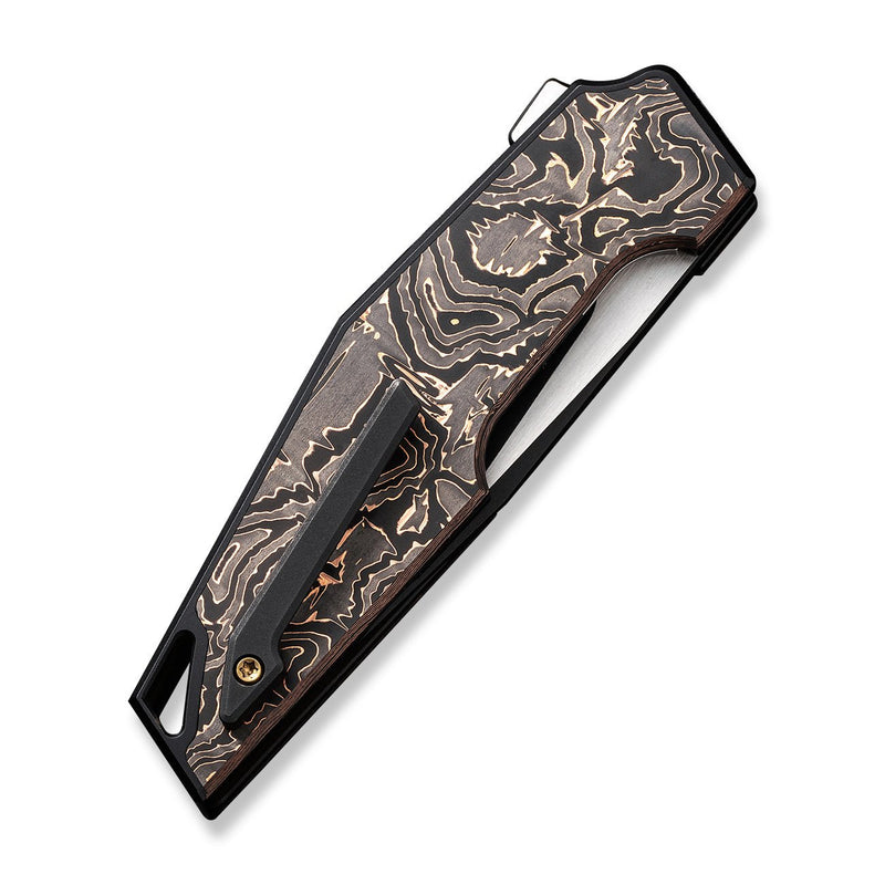 WEKNIFE OAO (One and Only) Flipper Knife Black Titanium Integral Handle With Copper Foil Carbon Fiber Inlay (3.4" Black Stonewashed CPM 20CV Blade, Satin Flat) WE23001-2, With An Extra Left Carry Titanium Pocket Clip And Insert