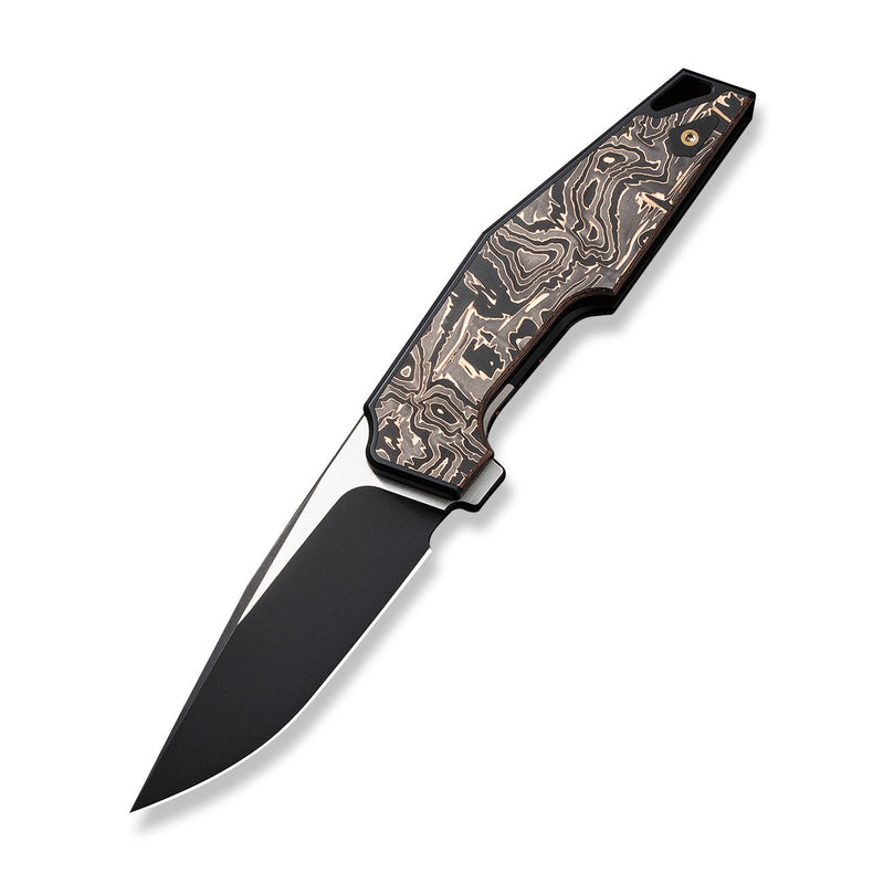 WEKNIFE OAO (One and Only) Flipper Knife Black Titanium Integral Handle With Copper Foil Carbon Fiber Inlay (3.4" Black Stonewashed CPM 20CV Blade, Satin Flat) WE23001-2, With An Extra Left Carry Titanium Pocket Clip And Insert