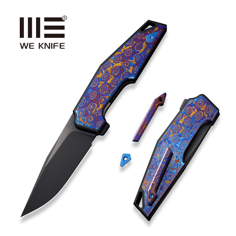 WEKNIFE OAO (One and Only) Flipper Knife Black Titanium Integral Handle With Timascus Inlay (3.4" Black Stonewashed Bevels, Black Brushed Flats CPM 20CV Blade) WE23001-4, With An Extra Left Carry Timascus Pocket Clip And Titanium Insert