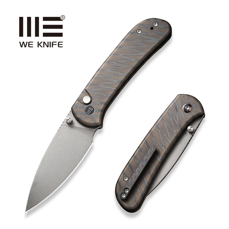 WEKNIFE Qubit Thumb Stud & Button Lock Knife Tiger Stripe Pattern Flamed Titanium Handle (3.2" Gray Stonewashed CPM 20CV Blade) WE22030F-4