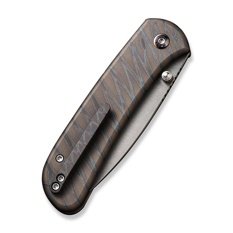 WEKNIFE Qubit Thumb Stud & Button Lock Knife Tiger Stripe Pattern Flamed Titanium Handle (3.2" Gray Stonewashed CPM 20CV Blade) WE22030F-4