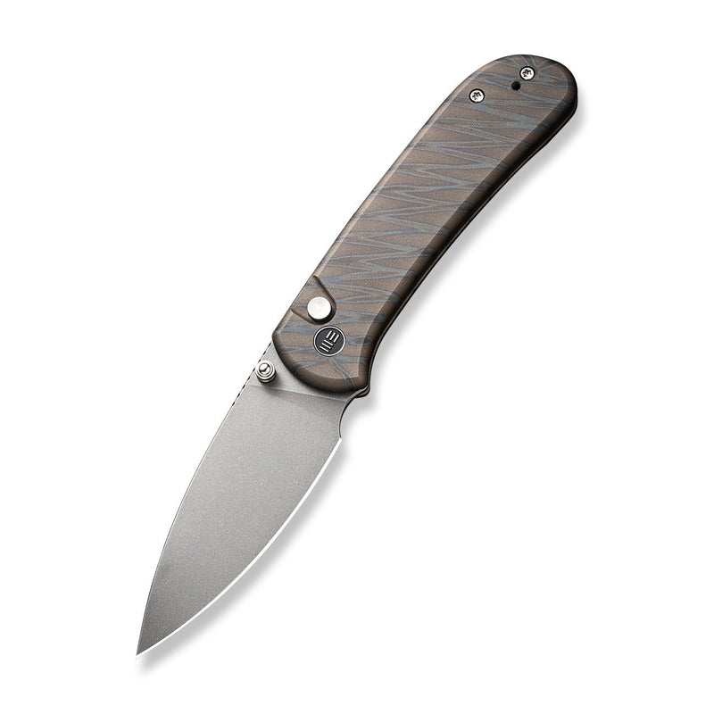 WEKNIFE Qubit Thumb Stud & Button Lock Knife Tiger Stripe Pattern Flamed Titanium Handle (3.2" Gray Stonewashed CPM 20CV Blade) WE22030F-4