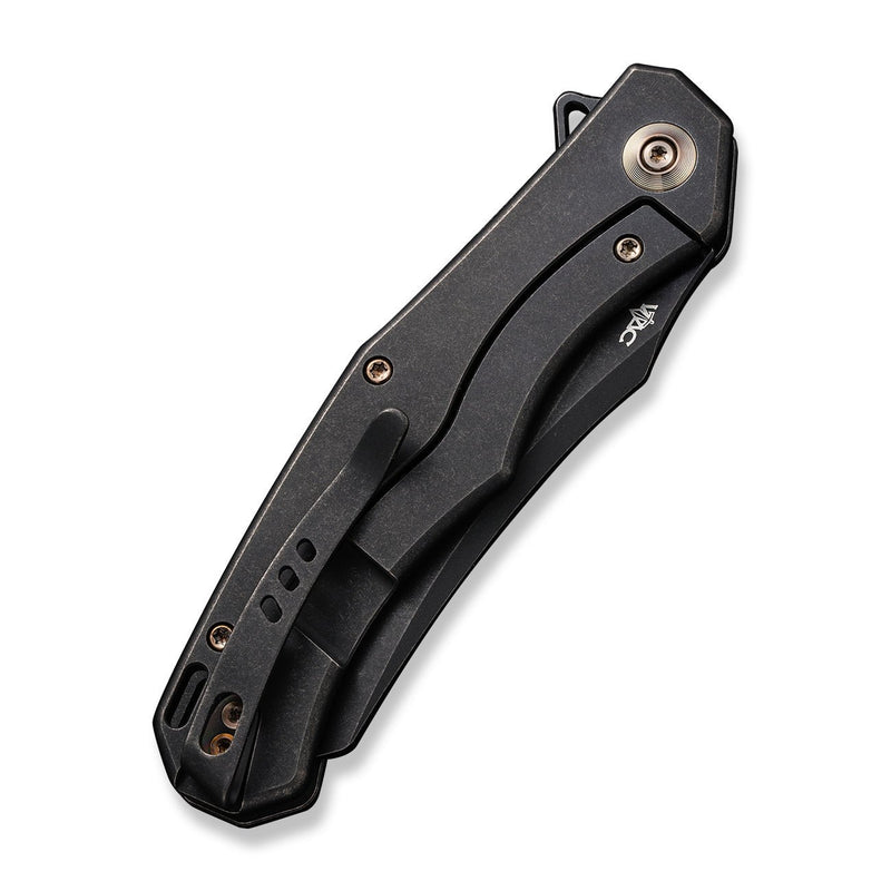 WEKNIFE RekkeR Flipper Knife Black Titanium Handle With Diamond Pattern On Presentation Handle (3.61" Black Stonewashed CPM 20CV Blade) WE22010G-1, With An Extra Left Carry Titanium Pocket Clip And Clip Screws