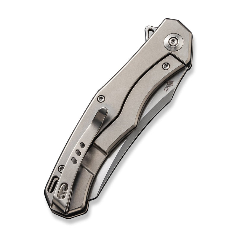 WEKNIFE RekkeR Flipper Knife Polished Bead Blasted Titanium Handle With Diamond Pattern On Presentation Handle (3.61" Polished Bead Blasted CPM 20CV Blade) WE22010G-2, With An Extra Left Carry Titanium Pocket Clip And Clip Screws