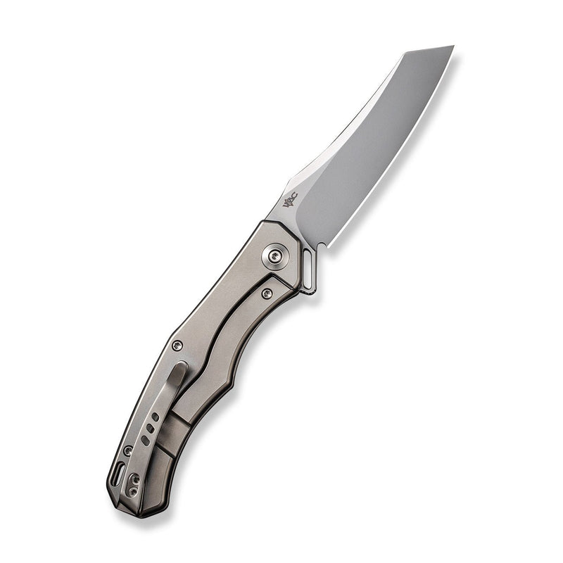 WEKNIFE RekkeR Flipper Knife Polished Bead Blasted Titanium Handle With Diamond Pattern On Presentation Handle (3.61" Polished Bead Blasted CPM 20CV Blade) WE22010G-2, With An Extra Left Carry Titanium Pocket Clip And Clip Screws