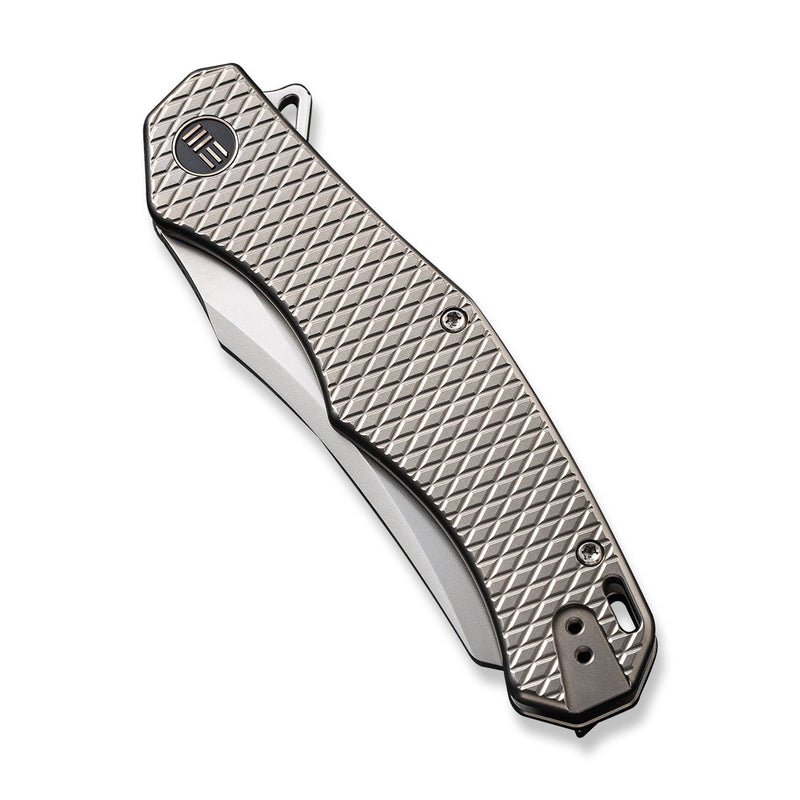 WEKNIFE RekkeR Flipper Knife Polished Bead Blasted Titanium Handle With Diamond Pattern On Presentation Handle (3.61" Polished Bead Blasted CPM 20CV Blade) WE22010G-2, With An Extra Left Carry Titanium Pocket Clip And Clip Screws