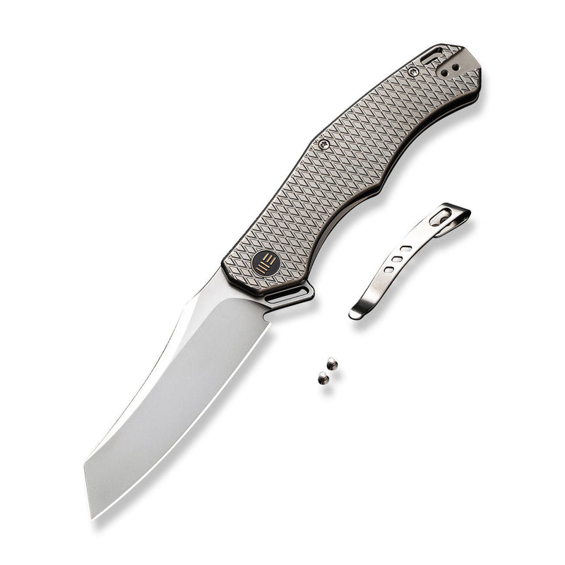 WEKNIFE RekkeR Flipper Knife Polished Bead Blasted Titanium Handle With Diamond Pattern On Presentation Handle (3.61" Polished Bead Blasted CPM 20CV Blade) WE22010G-2, With An Extra Left Carry Titanium Pocket Clip And Clip Screws