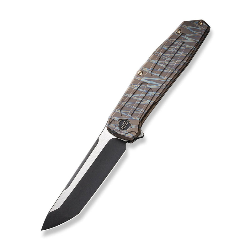 WEKNIFE Shadowfire Flipper Knife Tiger Stripe Pattern Flamed Titanium Handle (3.97" Black Stonewashed CPM 20CV Blade, Satin Flat) WE22035-4