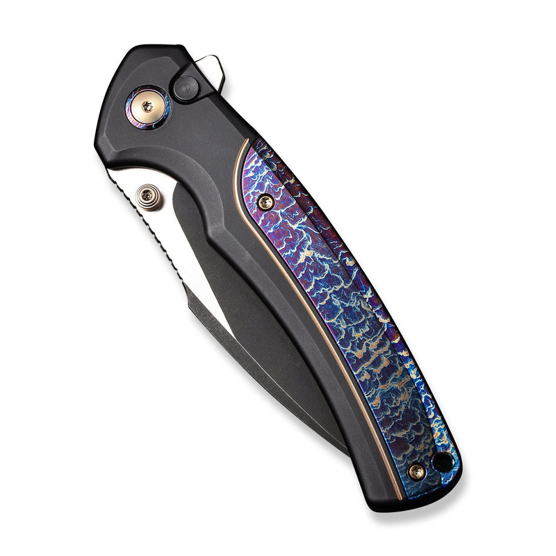 WEKNIFE Ziffius Button Lock Knife Black Titanium Handle With Flamed Titanium Integral Spacer (3.7" Black Stonewashed CPM 20CV Blade, Satin Flat) WE22024D-1