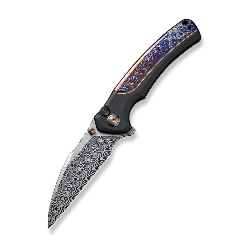 WEKNIFE Ziffius Button Lock Knife Black Titanium Handle With Flamed Titanium Integral Spacer (3.7" Hakkapella Damasteel Blade) WE22024D-DS1