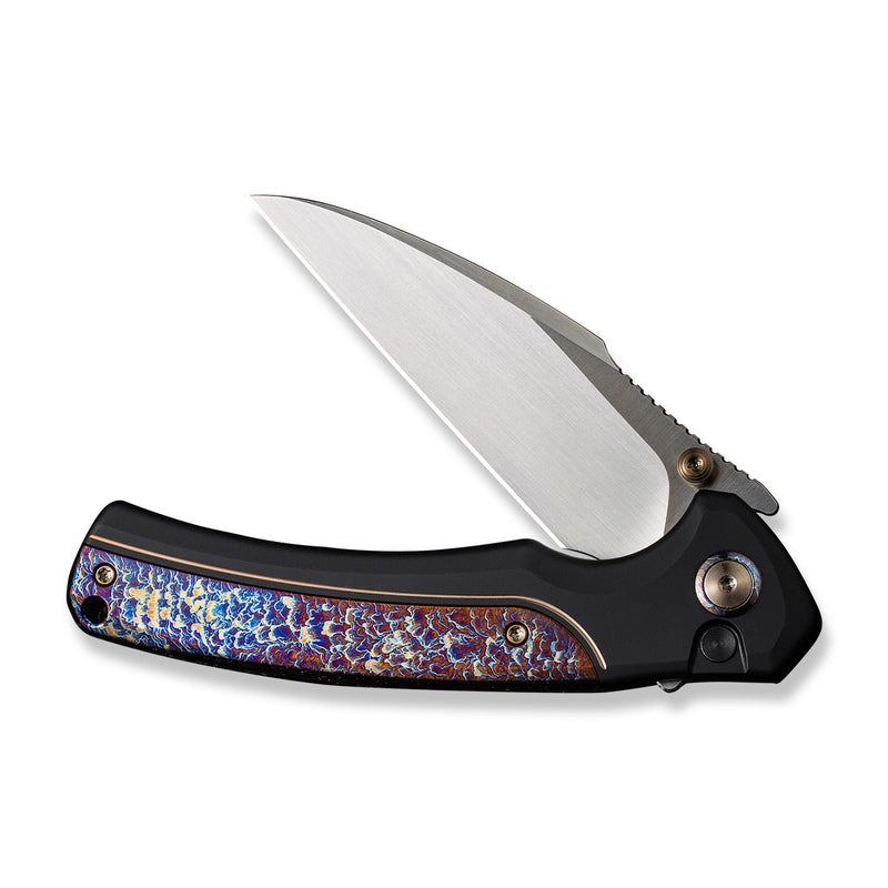 WEKNIFE Ziffius Button Lock Knife Black Titanium Handle With Flamed Titanium Integral Spacer (3.7" Hand Rubbed Satin CPM 20CV Blade) WE22024D-2