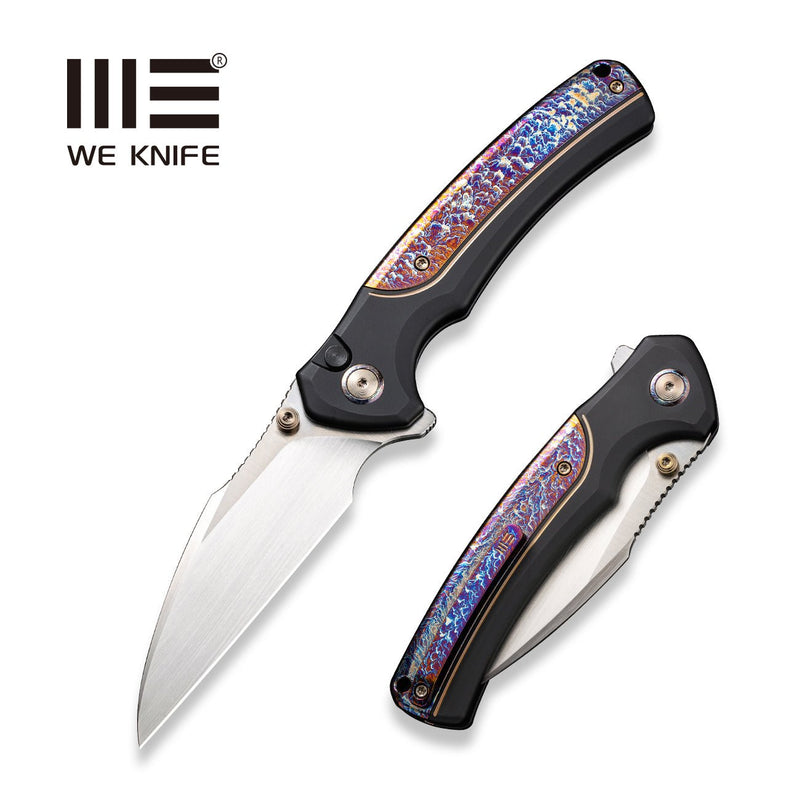 WEKNIFE Ziffius Button Lock Knife Black Titanium Handle With Flamed Titanium Integral Spacer (3.7" Hand Rubbed Satin CPM 20CV Blade) WE22024D-2