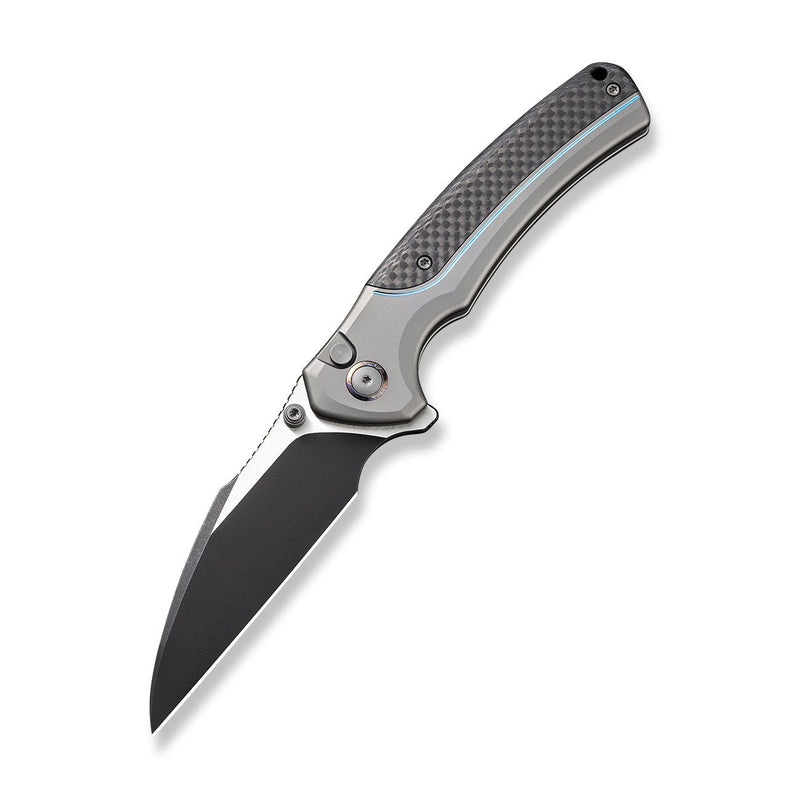 WEKNIFE Ziffius Button Lock Knife Gray Titanium Handle With Twill Carbon Fiber Integral Spacer (3.7" Black Stonewashed CPM 20CV Blade) WE22024A-1