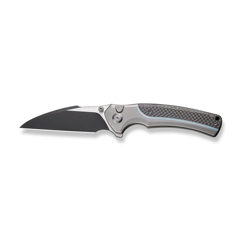 WEKNIFE Ziffius Button Lock Knife Gray Titanium Handle With Twill Carbon Fiber Integral Spacer (3.7" Black Stonewashed CPM 20CV Blade) WE22024A-1