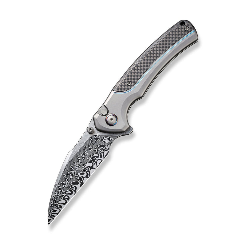 WEKNIFE Ziffius Button Lock Knife Gray Titanium Handle With Twill Carbon Fiber Integral Spacer (3.7" Hakkapella Damasteel Blade) WE22024A-DS1