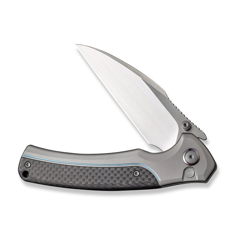 WEKNIFE Ziffius Button Lock Knife Gray Titanium Handle With Twill Carbon Fiber Integral Spacer (3.7" Hand Rubbed Satin CPM 20CV Blade) WE22024A-2