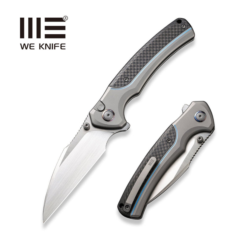 WEKNIFE Ziffius Button Lock Knife Gray Titanium Handle With Twill Carbon Fiber Integral Spacer (3.7" Hand Rubbed Satin CPM 20CV Blade) WE22024A-2