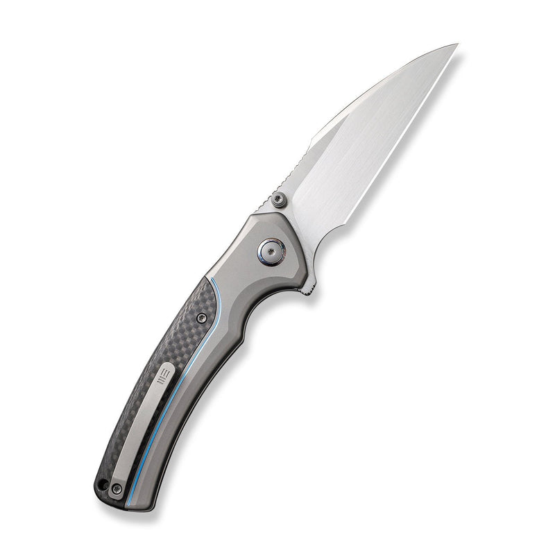 WEKNIFE Ziffius Button Lock Knife Gray Titanium Handle With Twill Carbon Fiber Integral Spacer (3.7" Hand Rubbed Satin CPM 20CV Blade) WE22024A-2