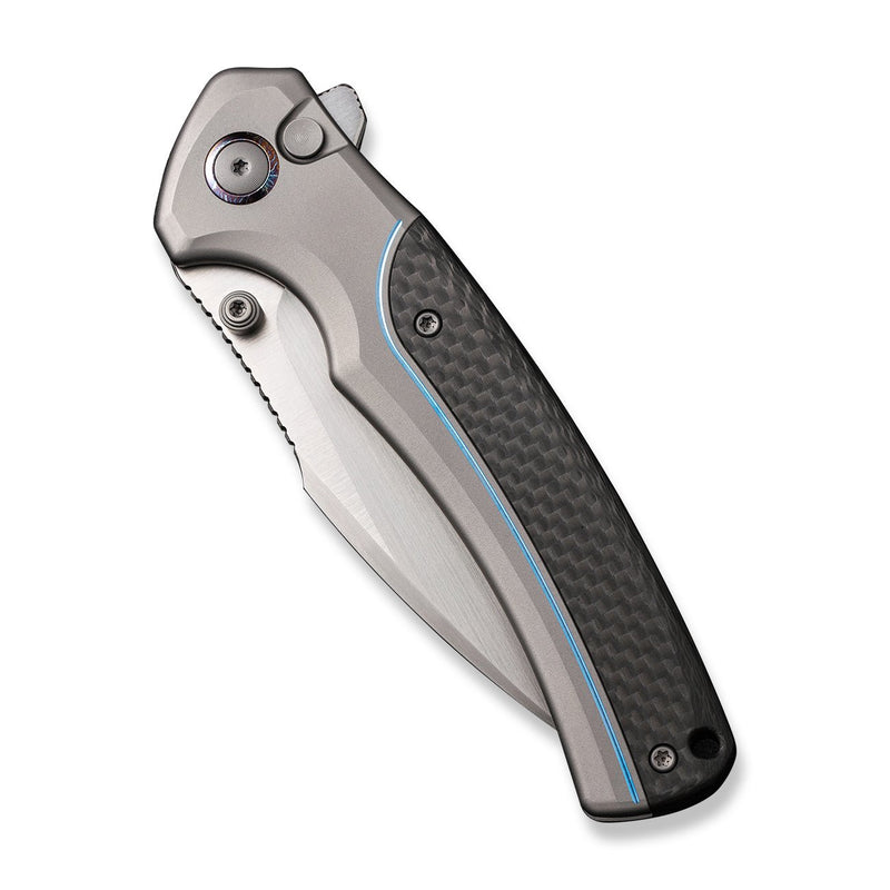 WEKNIFE Ziffius Button Lock Knife Gray Titanium Handle With Twill Carbon Fiber Integral Spacer (3.7" Hand Rubbed Satin CPM 20CV Blade) WE22024A-2
