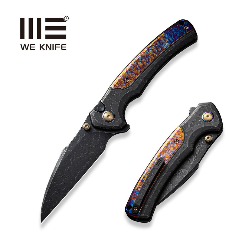 WEKNIFE Ziffius Button Lock & Thumb Stud Knife Black Stonewashed With Etching Pattern Titanium Handle With Flamed Titanium Integral Spacer (3.7" Black Stonewashed With Etching Pattern CPM 20CV Blade) WE22024D-5