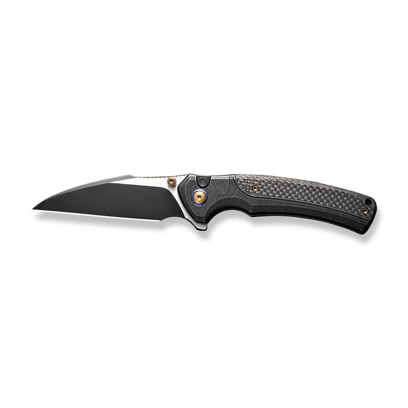 WEKNIFE Ziffius Button Lock & Thumb Stud Knife Black Stonewashed With Etching Pattern Titanium Handle With Twill Carbon Fiber Integral Spacer (3.7" Black Stonewashed CPM 20CV Blade, Satin Flat) WE22024A-4