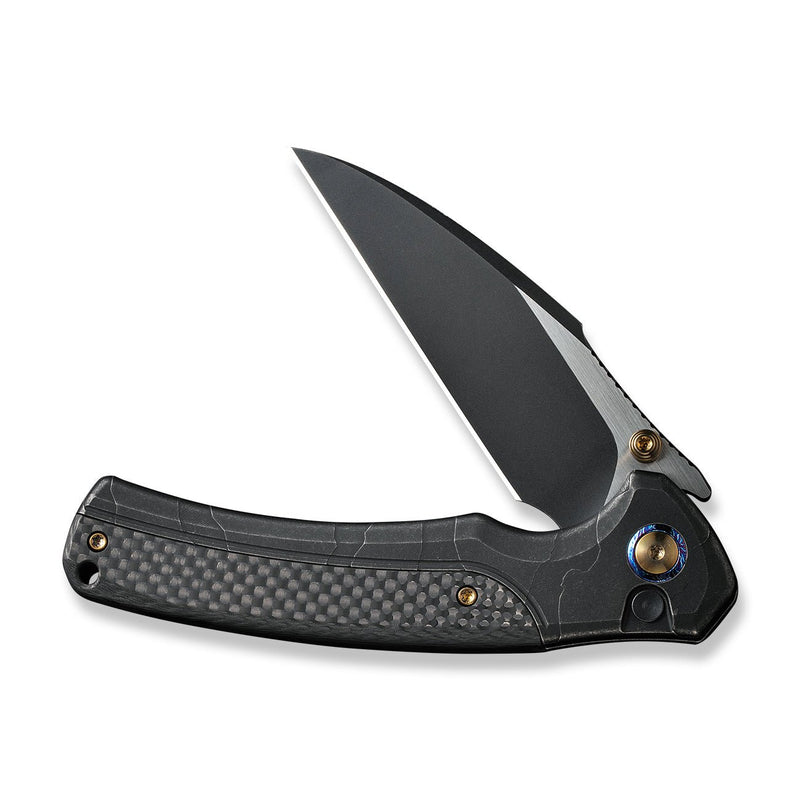 WEKNIFE Ziffius Button Lock & Thumb Stud Knife Black Stonewashed With Etching Pattern Titanium Handle With Twill Carbon Fiber Integral Spacer (3.7" Black Stonewashed CPM 20CV Blade, Satin Flat) WE22024A-4