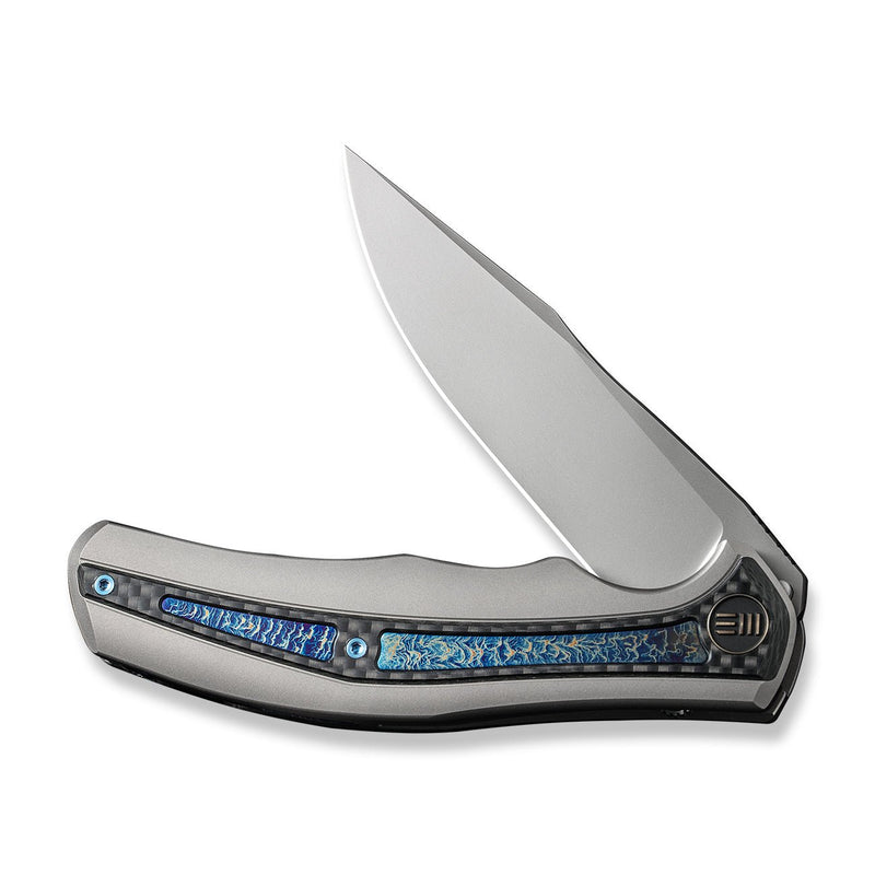 WEKNIFE Zonda Flipper Knife Gray Titanium Handle With Twill Carbon Fiber & Flamed Titanium Inlay (4.05" Silver Bead Blasted CPM 20CV Blade) WE22016-2