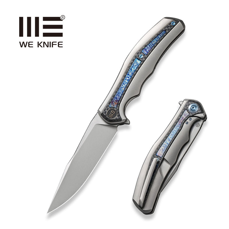 WEKNIFE Zonda Flipper Knife Gray Titanium Handle With Twill Carbon Fiber & Flamed Titanium Inlay (4.05" Silver Bead Blasted CPM 20CV Blade) WE22016-2